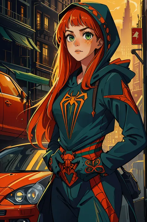 (masterpiece, best quality), intricate details, 8k, artstation, wallpaper, official art, splash art, sharp focus,
1girl, long hair, green eyes, orange hair, 
 spider suit, spider web printing, spider web
skyscrapers, city, buildings, cars, street, spiderma...