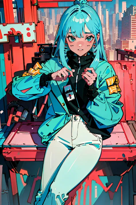 best quality, 4K wallpaper, masterpiece, extremely detailed CG unity 8k wallpaper, extremely detailed eyes, ultra-detailed, intricate details, 1girl, Kobo, Multicolored hair, long hair, Aqua eyes, Jacket, white pants, character art style, retro art style,...