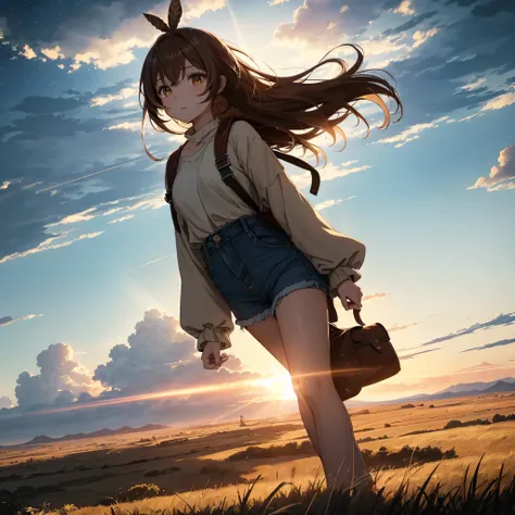 (人物: nanashi mumei), {brown hair}, (masterpiece:1.2), 1girl, solo, the vast sky, beautiful skyline, large grasslands, extremely ...