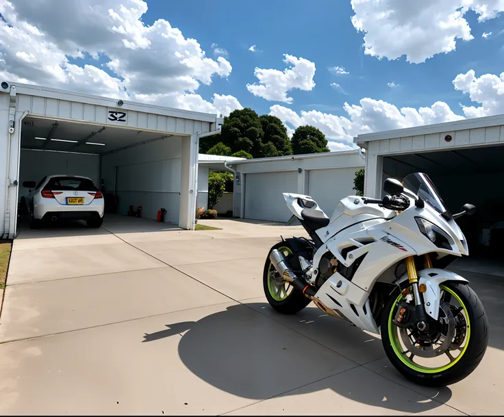 far shot,  a white yhmotorbike on a garage, very detailed