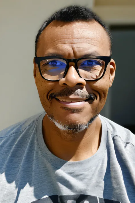 guttonerdreliberate1, ((Best quality)), ((masterpiece)), ((realistic)), A highly detailed and realistic half-body portrait of a 48-year-old man. The subject is wearing glasses and looking directly at the camera with a serene smile on his face. He exudes co...