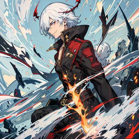 1 man, daten, partially transforming into demon, arrogant smile, white hair, red and dark aura, destroyed scenery