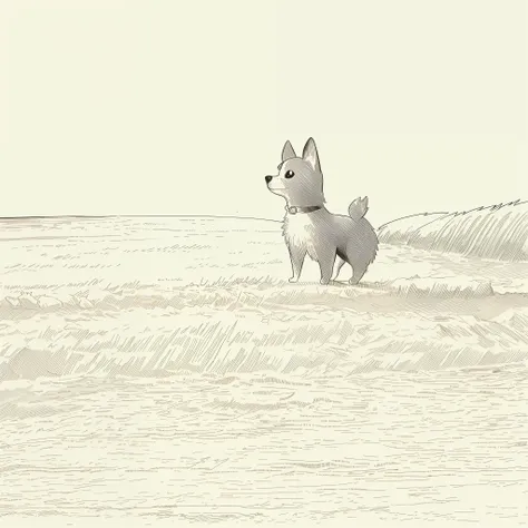 (high quality, 8k) line drawing, lineart, black and white, 1 cute and fluffy chihuahua dog on the beach