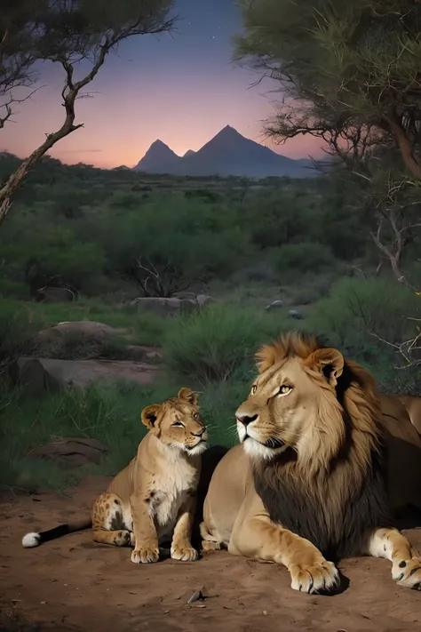 guttonerdreliberate1, ((Best quality)), ((masterpiece)), ((realistic)), A heartwarming wildlife portrait of a family of 5 lions, with the male lion father protecting his cubs as the female lioness watches serenely. The scene takes place amidst rocky surrou...