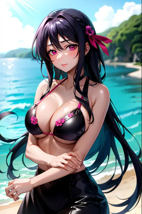 masterpiece, best quality, 1girl, looking at viewer, cute, bikini, (seascape), large breasts, pink eyes, himejima akeno,  black ...