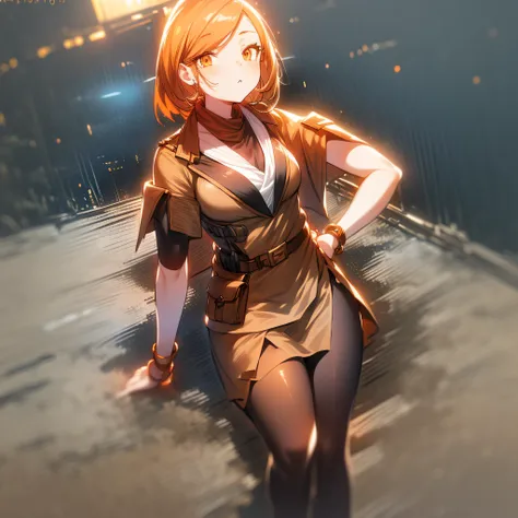 orange eyes light,richly faded light orange hair, anime 1girl, khaki t-shirt, khaki skirt, brown military boots, pouch on the waist belt, khaki bikini, "black tights", "dark_orange knee pad on right leg",( night city:1.4), black long cloak, (good hand:1.5 ...