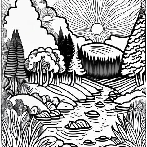 (detailed, high quality), coloring pages, illustration of scenic landscape, trees, animals, flowers, sun, clouds, wildlife, lush...