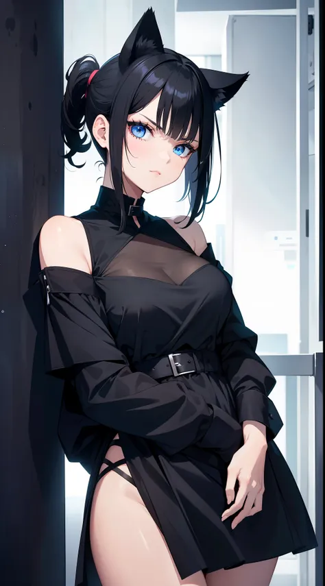 adult girl, short black hair, high ponytail, blue eyes, cat ears, dark dress, open shoulders, stern look, masterpiece, high qual...