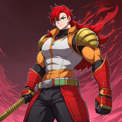 red hair, full armor, sentai hero, muscular man long hair, pants, vest, mantea, black cloths, full body, green eyes