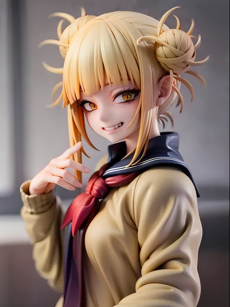 1girl,evil smile, himiko toga,blonde hair,yellow eyes,bored expressionhold a cutter,facing viewer,looking at viewer,good hand,good finger,masterpiece,extremely detailed