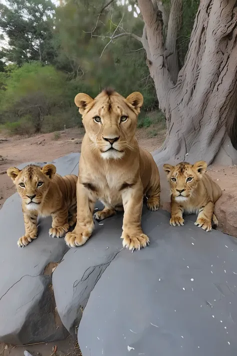 guttonerdreliberate1, (((a 3-year-old boy))) wearing glasses, detailed and realistic face, ((a family of lions, male lion, female lioness)), (((cute cubs)). Scene on a rock, realistic, ultra detailed, reddish sky, sunset, real, professional photography, ds...