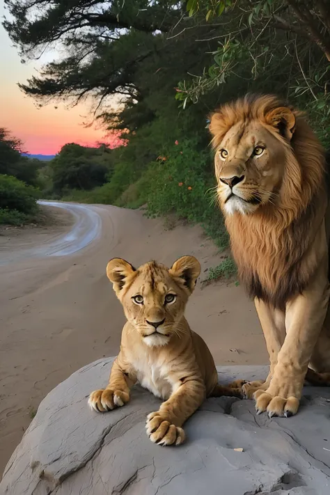 guttonerdreliberate1, (((a 3-year-old boy))) wearing glasses, detailed and realistic face, ((a family of lions, male lion, female lioness)), (((cute cubs)). Scene on a rock, realistic, ultra detailed, reddish sky, sunset, real, professional photography, ds...