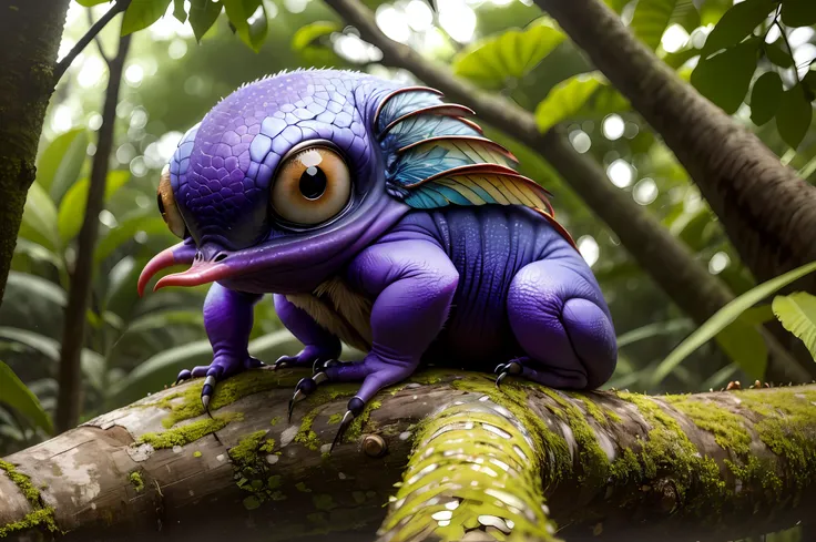 A small strange creature sits on the trunk of a tree. The trunk covers four winged limbs, has a wide muzzle, four large eyes, colorful, looks with curiosity. Its in the dark jungle, small hair