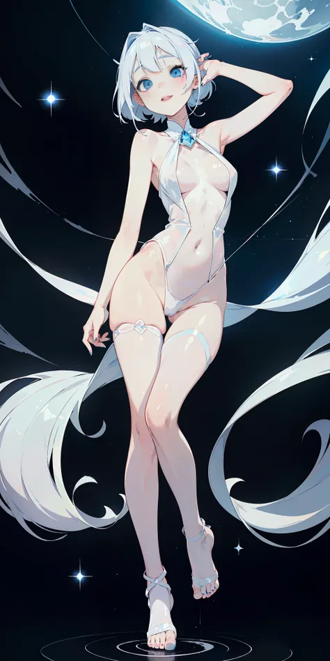 **Cute** Young Anime Girl, floating in dark space, (caressing her own legs with her hands) silver hair, blue Eyes, (Happy Mouth opened). (Pale smooth glistening skin), wearing (white nylon lingerie) (Full-body oiled) No shoes, painted blue nails. (Bare fee...