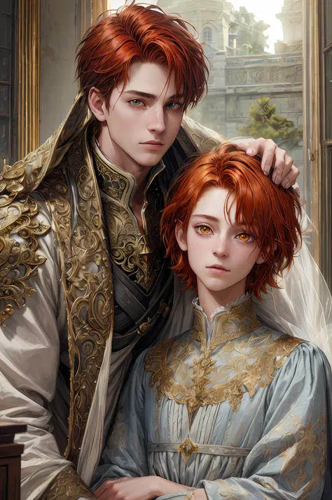 (Absurd, Intricate Details, Masterpiece, Best Quality, High Resolution, 8k), ((1boy)), 1 15-year-old boy, thin, young, finely detailed eyes and face, brave, auburn red low-faded hair, yellow eyes, and with feline pupils, portrait, looking at the viewer, so...