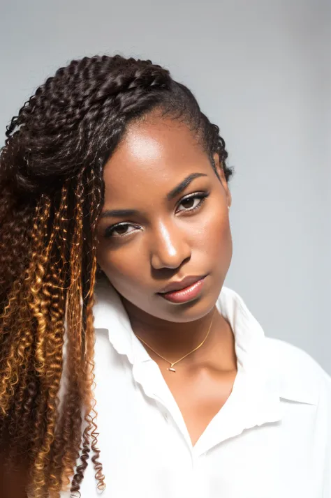 there is a woman with a white shirt and a brown and black hair, medium close up portrait, young black woman, close up portrait p...