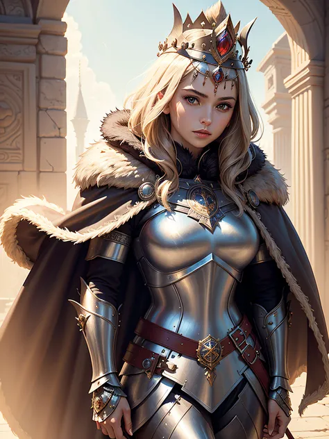 (masterpiece, top quality, best quality, official art, beautiful and aesthetic:1.2), (1girl), (warrior queen armor, fur-lined ca...