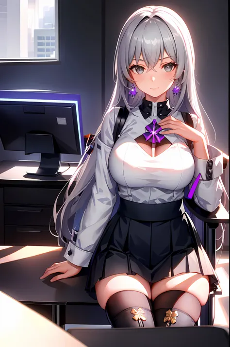 bronya, 1girl, solo, ((white shirt)), black thighhighs, breasts, cleavage, uniform, office background, black skirt, pleated skir...