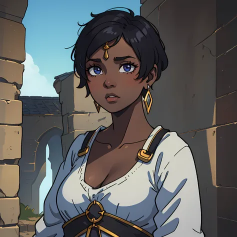 A black-skinned woman with short hair with several faint colors, her eyes are clear and wears a medieval warrior earring