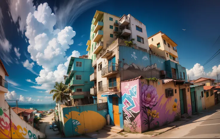 masterpiece, best quality, toon, 3d, favela morro, low angle. beautiful daytime sky, summer vibes, brazil. brazilianness. graffi...