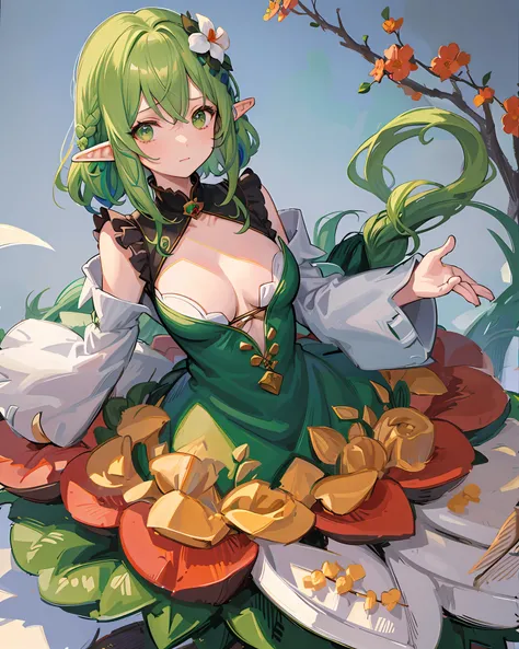 illustration, anime, elf, elf woman, 1girl, medium breasts, anime style, brown hair, hair with green details, brown and green hair, braid, braided bangs, green eyes, neckline, braid, braid, hair flower, multicolored hair, long hair, hair ornament, pink flo...
