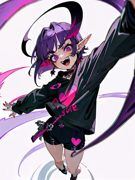 ((masterpiece,best quality)),1girl, loli, solo,elf ears, heart shaped earrings, heart shaped pupils, short hair, ((purple hair)), a pink streak on the bangs, ((a gap between the teeth)), Long black t shirt, long sleeves,
shorts with chain, full body,((fan...