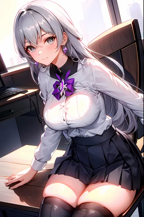 Bronya, 1girl, solo, ((white shirt)), black thighhighs, breasts, cleavage, uniform, office background, black skirt, pleated skirt, office, hair between eyes, purple earring, large breasts, long hair, looking at viewer, silver short nails, grey eyes, solo, ...