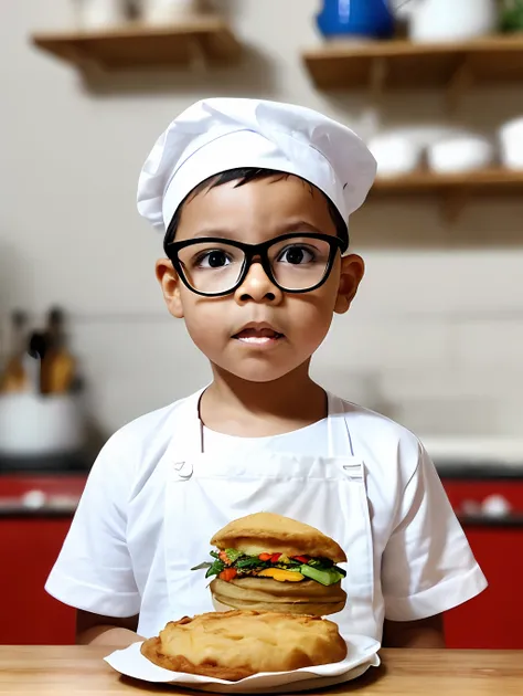 guttonerdreliberate1, portrait of a 3-year-old boy wearing glasses, frying pastel de feira, (posing for the photo: 1.2), hands behind the body, dressing, (white clothes: 1.3) cook, chef, masterchef, (red cap: 1.5) without print and without embroidery. Indu...
