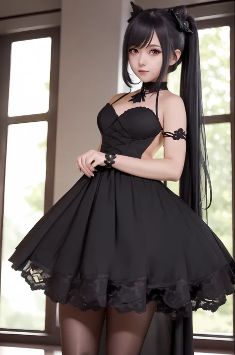 a woman in a black dress and stockings posing in front of a window, seductive anime girl, cute anime waifu in a nice dress, loli...