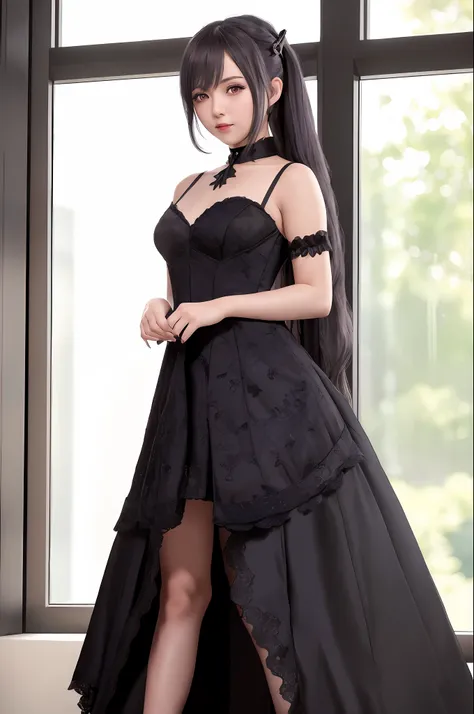 a woman in a black dress and stockings posing in front of a window, seductive anime girl, cute anime waifu in a nice dress, loli...