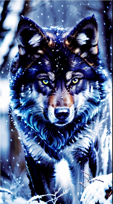 blue-eyed black wolf, veroz, hunting, dangerous forest, (detailed high resolution image), 1 angry, fearless wolf.