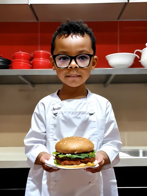guttonerdreliberate1, portrait of a 3-year-old boy wearing glasses, plate with hamburger and fried gowns on the counter, (posing for the photo: 1.2), hands behind the body, dressing, (white clothing: 1.3) of cook, chef, masterchef, (red cap: 1.5) without p...