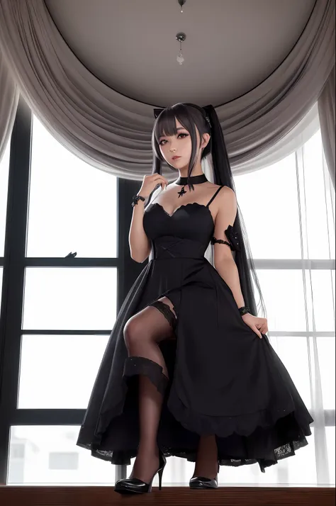 a woman in a black dress and stockings posing in front of a window, seductive anime girl, cute anime waifu in a nice dress, loli...