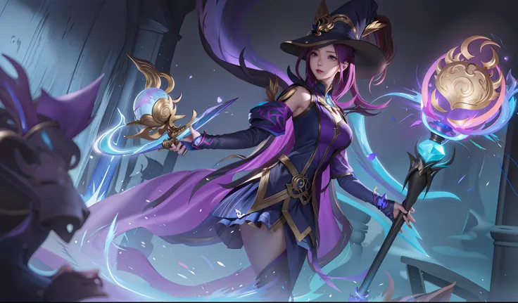 anime - style illustration of a woman dressed in a witch costume holding a magic wand, official splash art, extremely detailed a...