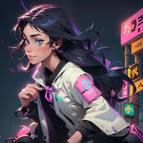 create a girl with long messy black hair and brown eyes, smiling, gamer,, monitor, night time, good quality, perfect anatomy, 8k...