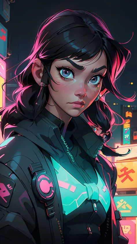 black-haired girl with vibrant brown eyes, with headphones in neon city at night, rossdraw vibrant cartoon, digital cyberpunk an...