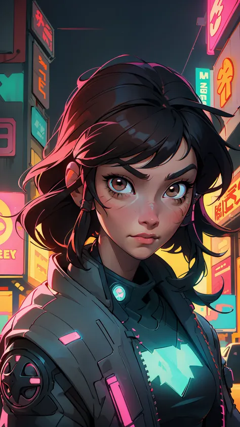 girl with messy long black hair and brown eyes, vibrant brown eyes, with headphones in neon city at night, rossdraw vibrant cart...