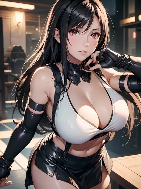 8k,masterpiece, bset quality,big, (1 girl), tifa lockhart, red_eyes, black hair, long hair, professional lighting, (shiny skin: 1.2), shiny big, ((best quality)), sharp focus: 1.2, highly detailed face and skin texture, detailed eyes, perfect face, perfect...