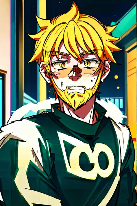 Anime face with beard and yellow mustache on a black shirt, Boku No Hero Academia Style, Russell Dauterman, Cute guy in Demon Slayer Art, Kentaro Miura Manga Art Style, Kentaro Miura Art Style, Key Anime Artstyle, Trigger Anime Artstyle, Striking Manga Art...