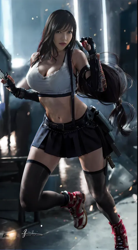 a close up of a woman in a skirt and boots holding a gun, seductive tifa lockhart portrait, tifa lockhart portrait, tifa lockhart, portrait of tifa lockhart, tifa, tifa lockheart, glamorous tifa lockheart, badass anime 8 k, tifa lockhart with white hair, a...