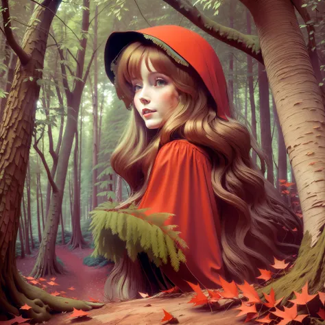 (masterpiece), high quality, incredibly detailed illustration, little red riding hood approaching the forest (foreground), magic...