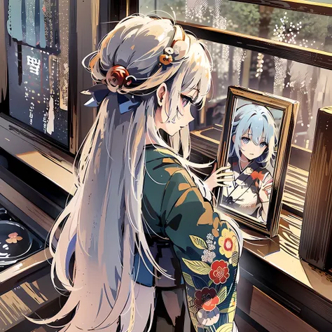 （tie's hair on the backwhite-haired:2）, japanese shrine maiden, sacred mirror, serene shrine, hands, gracefully, bind, long flow...