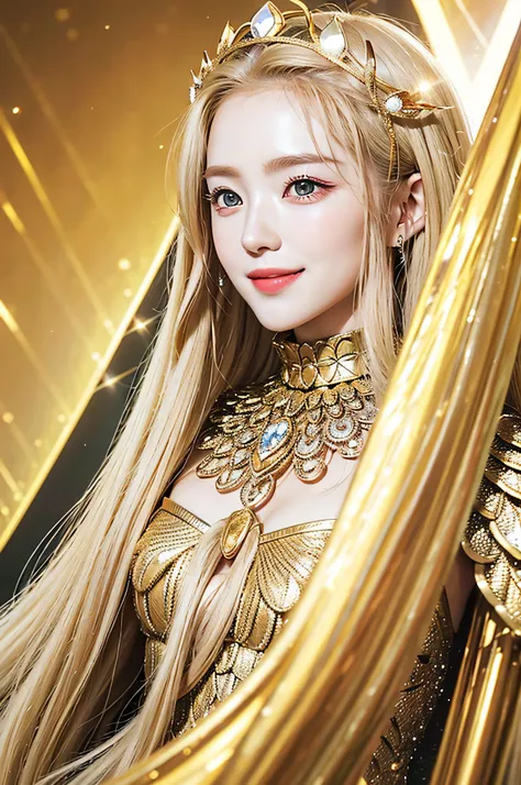 Golden diamond armor, long blonde hair, golden pupils, golden light background, golden transparent wings, diamond texture, smiling, golden eyes, flashing golden notes around, maiden, golden starlight, dazzling