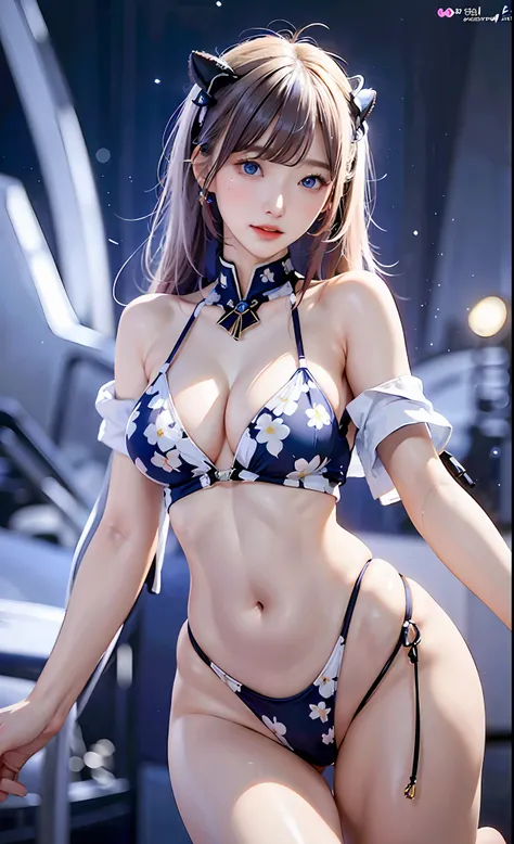 masterpiece, best quality, girls, slender, blue eyes, hair color ash, white skin, medium breasts, cute, sexy, futuristic, bikini, skin exposed, night, floral theme, open legs, full body