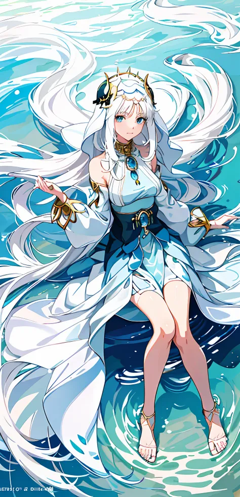 anime girl in a white dress laying in the water, beautiful alluring anime woman, extremely detailed artgerm, white haired deity, anime goddess, beautiful anime artwork, artgerm. anime illustration, detailed digital anime art, wallpaper anime blue water, be...