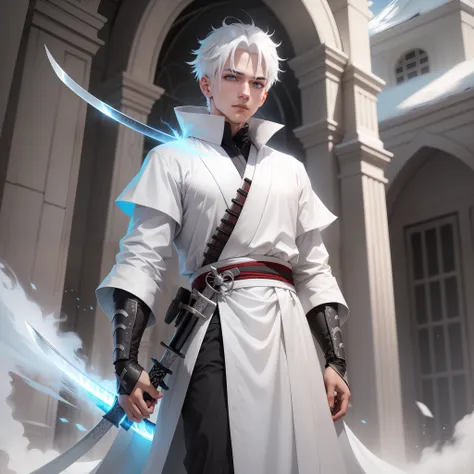 a boy with white hair and silver eyes, with white clothes resembling the robe of the assassins of "assassin's credo" and a katan...