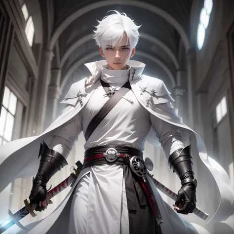 a boy with white hair and silver eyes, with white clothes resembling the robe of the assassins of "assassin's credo" and a katan...