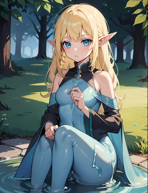 (1girl), (elf),pointy ears, blonde hair, green eyes, (blue slime (substance):1.0), (blue slime(creature)),