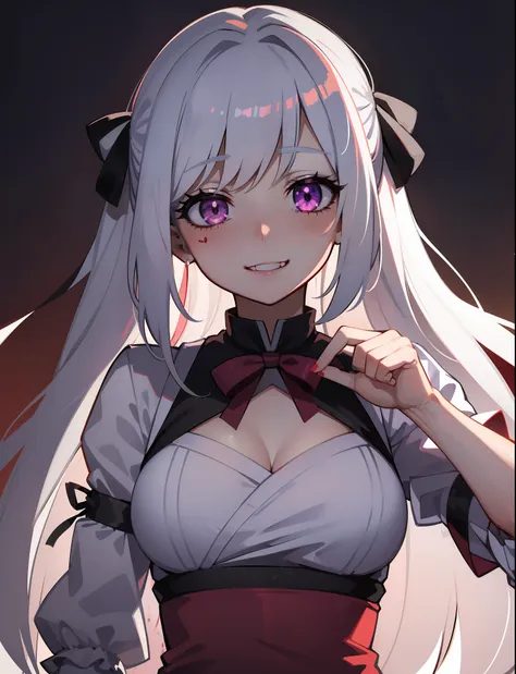 1girl, (yandere:1.4), (yandere trance:1.4), crazy, ((blood on face)), backlighting, looking at viewer, white hair, purple eyes, ...