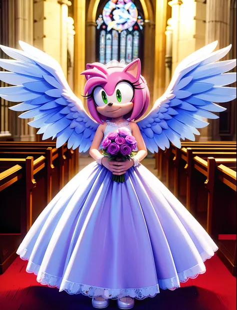 full body, amy rose, angel wings, translucent wedding dress, in church